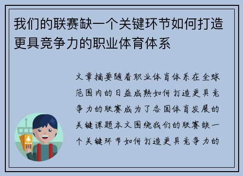 我们的联赛缺一个关键环节如何打造更具竞争力的职业体育体系